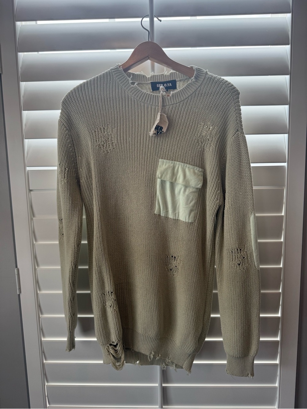 Sezane Distressed Knit Sweatshirt in Pale Sage